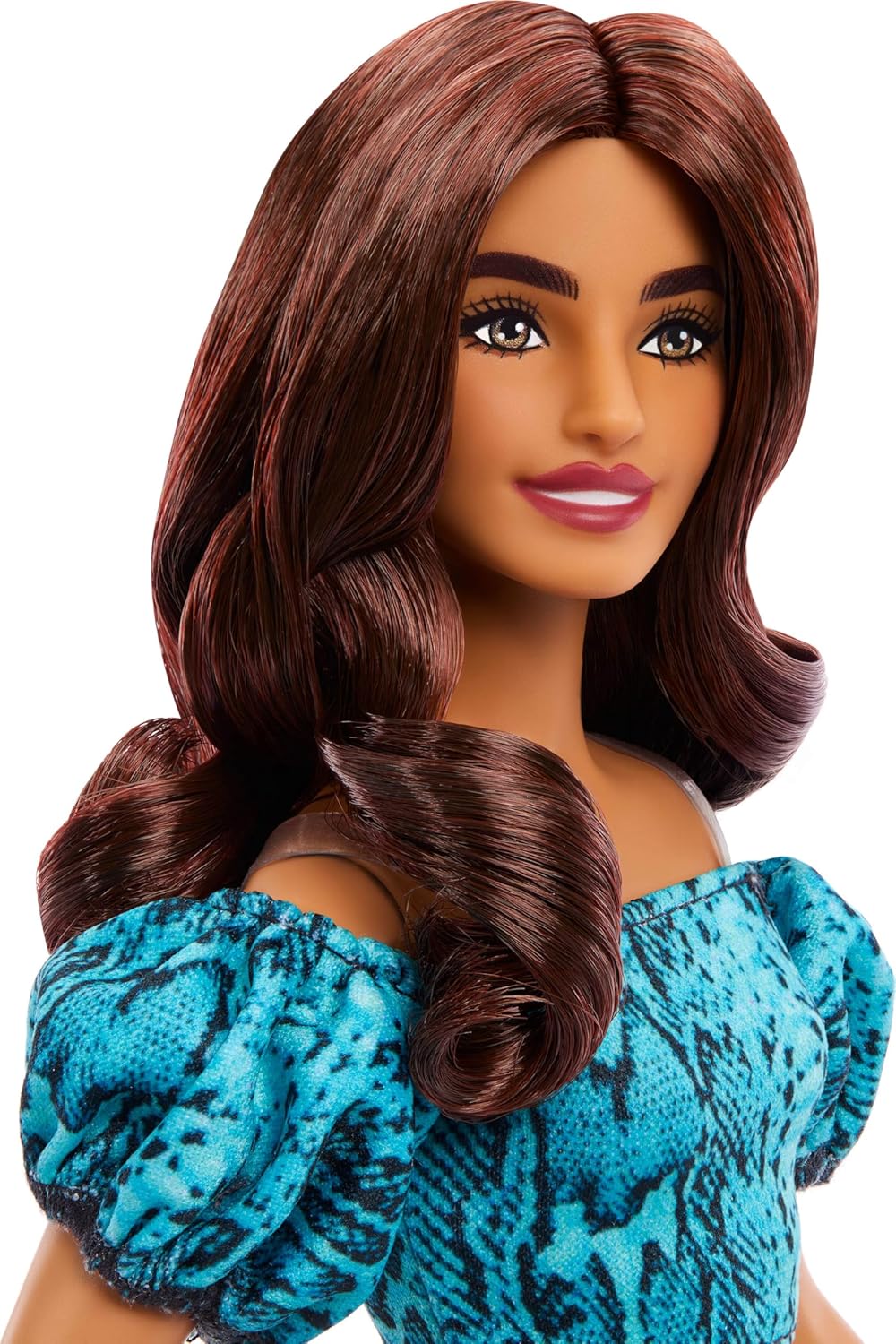 Barbie Fashionistas Style Doll #250 with Brown Hair, Wearing Turquoise Snake Print Skirt, Turquoise Snake Print Top, Black Strappy Heels