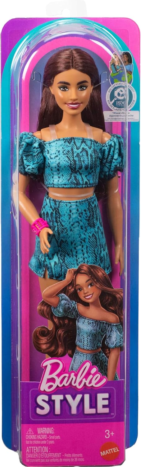 Barbie Fashionistas Style Doll #250 with Brown Hair, Wearing Turquoise Snake Print Skirt, Turquoise Snake Print Top, Black Strappy Heels