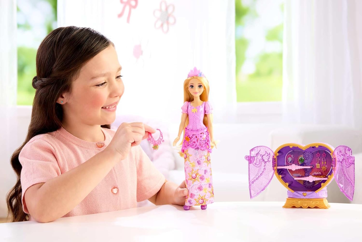 Mattel Disney Princess Rapunzel Fashion Doll & Accessories with 8 Surprises, Including Heart Gem Box, Ring for Child & 9 Play Pieces, Inspired by Movie, JLK28