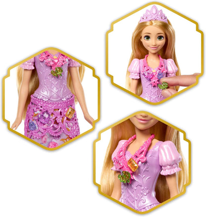 Mattel Disney Princess Rapunzel Fashion Doll & Accessories with 8 Surprises, Including Heart Gem Box, Ring for Child & 9 Play Pieces, Inspired by Movie, JLK28
