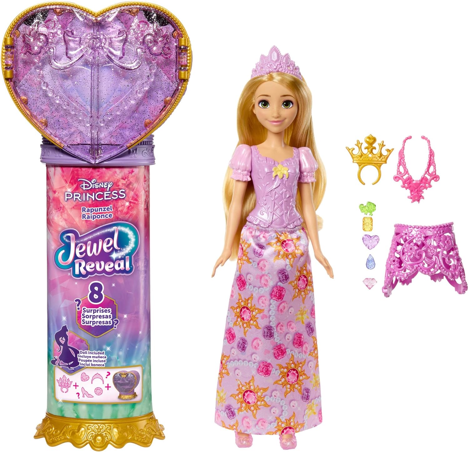 Mattel Disney Princess Rapunzel Fashion Doll & Accessories with 8 Surprises, Including Heart Gem Box, Ring for Child & 9 Play Pieces, Inspired by Movie, JLK28