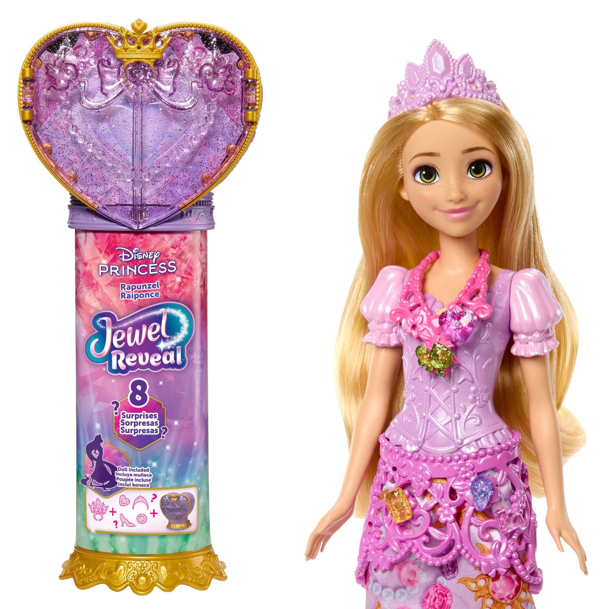Mattel Disney Princess Rapunzel Fashion Doll & Accessories with 8 Surprises, Including Heart Gem Box, Ring for Child & 9 Play Pieces, Inspired by Movie, JLK28