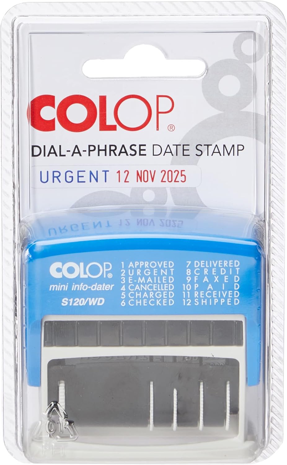COLOP S120/WD Dial-a-Phrase Date Stamp - Blue & Red Ink | 105016 | 4mm Adjustable Date Stamp with 12 Office-Based Words | Prints Word in Blue and Date in Red