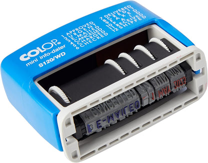 COLOP S120/WD Dial-a-Phrase Date Stamp - Blue & Red Ink | 105016 | 4mm Adjustable Date Stamp with 12 Office-Based Words | Prints Word in Blue and Date in Red
