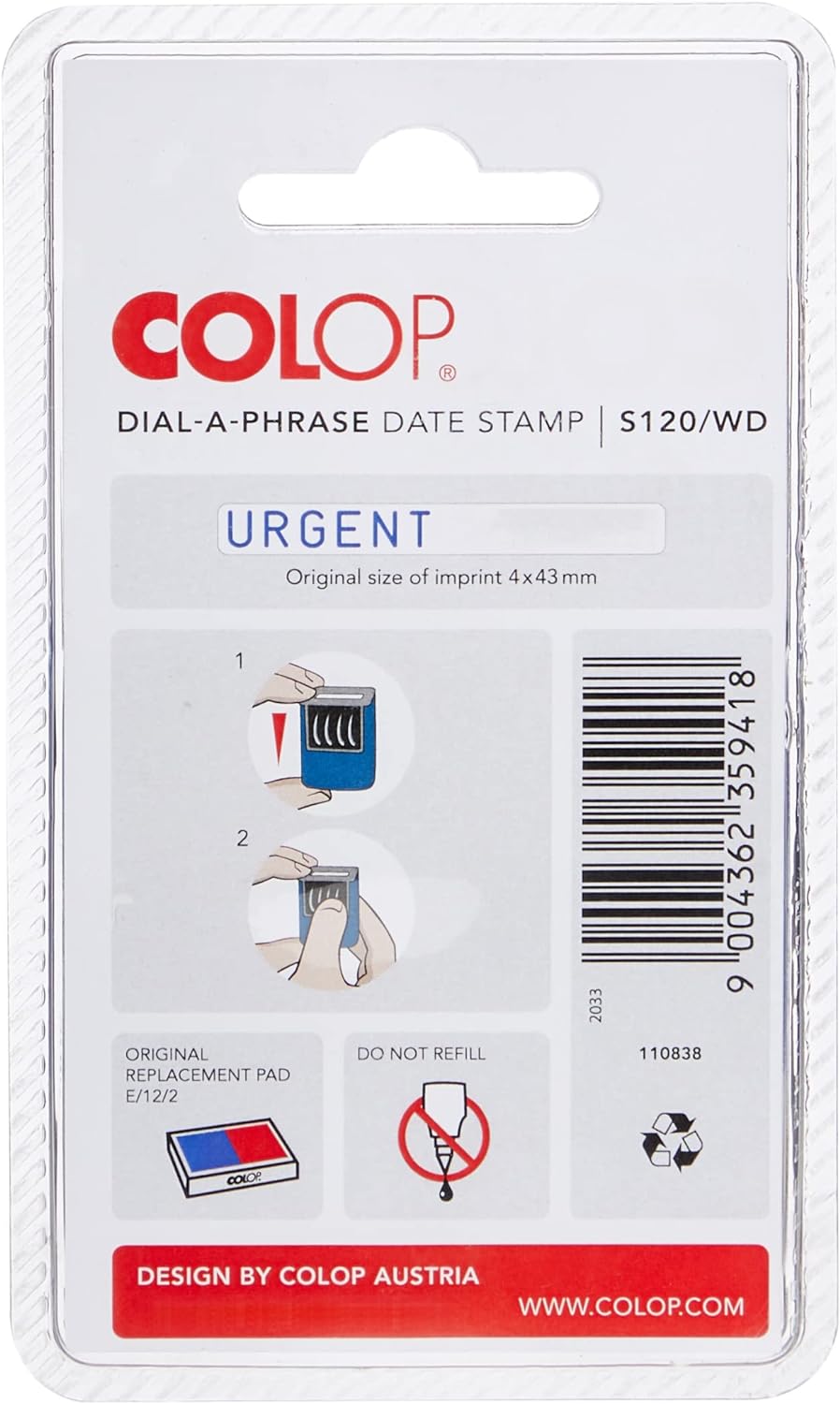 COLOP S120/WD Dial-a-Phrase Date Stamp - Blue & Red Ink | 105016 | 4mm Adjustable Date Stamp with 12 Office-Based Words | Prints Word in Blue and Date in Red