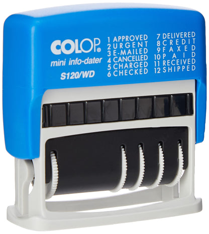 COLOP S120/WD Dial-a-Phrase Date Stamp - Blue & Red Ink | 105016 | 4mm Adjustable Date Stamp with 12 Office-Based Words | Prints Word in Blue and Date in Red