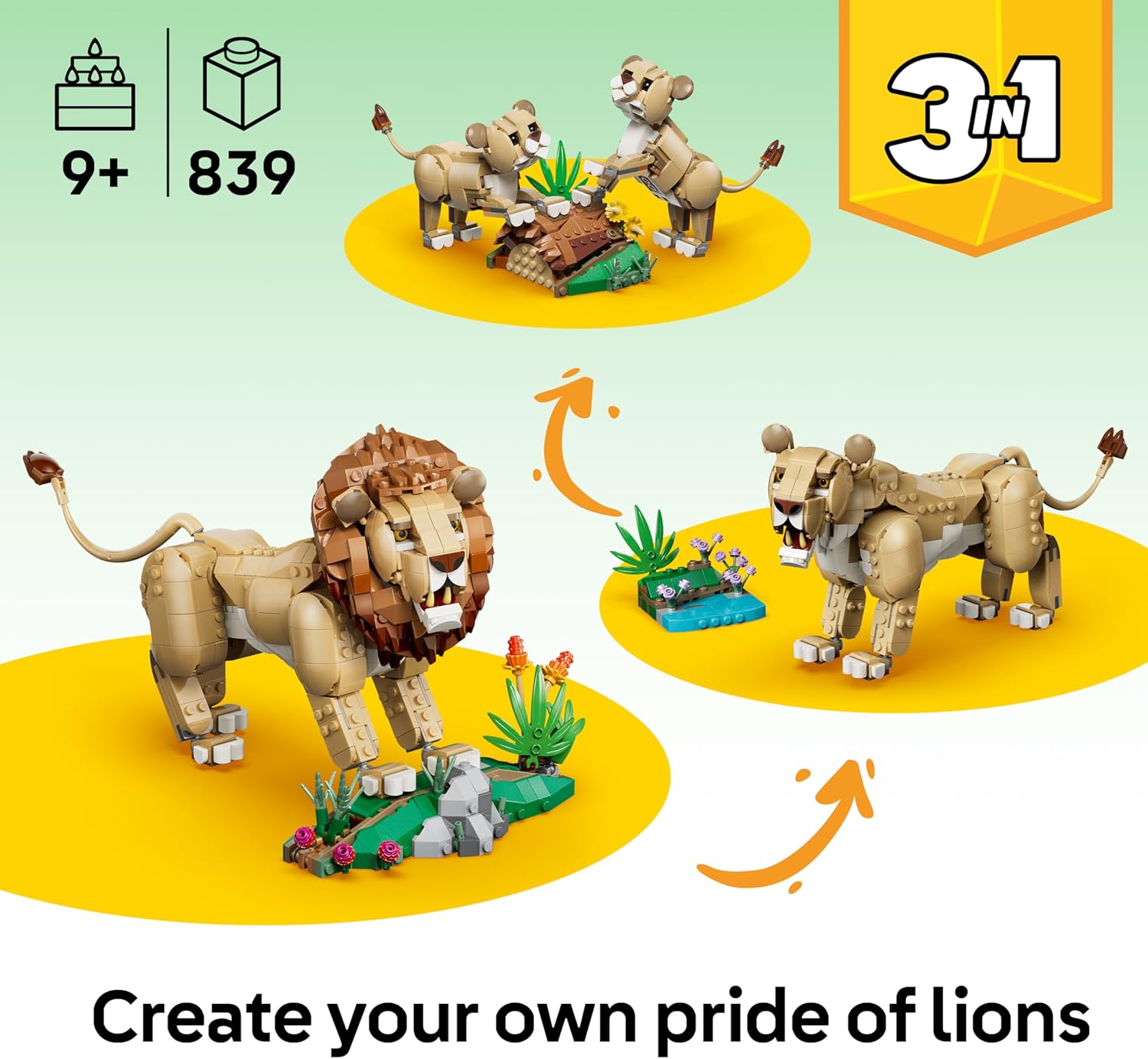 LEGO Creator 3 in 1 Wild Animals: Majestic Lion Toy - Animal Figure Transforms into a Lioness or 2 Cubs - DIY Kids' Room Decor - Birthday Gift for 9+ Year Old Girls & Boys - 31386