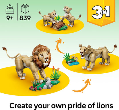 LEGO Creator 3 in 1 Wild Animals: Majestic Lion Toy - Animal Figure Transforms into a Lioness or 2 Cubs - DIY Kids' Room Decor - Birthday Gift for 9+ Year Old Girls & Boys - 31386