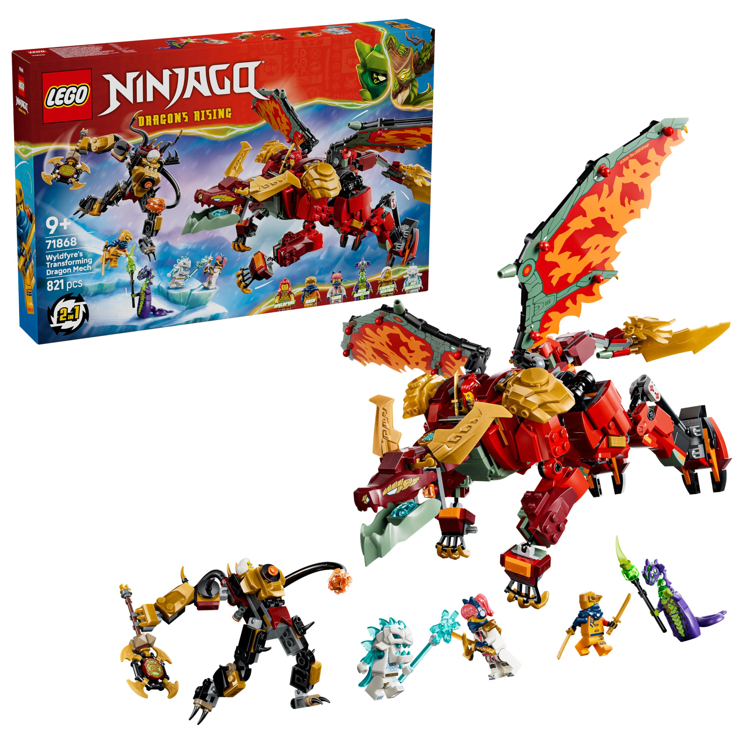 LEGO NINJAGO Wyldfyre's Transforming Dragon Mech Toy - 2in1 Ninja Action Figure w/Empress Beatrix Mech & 6 Minifigures - Birthday Gift for 9+ Year Old Boys & Fans - 71868