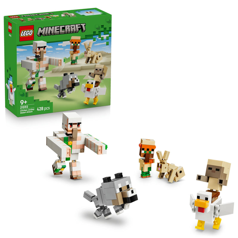 LEGO Minecraft Chicken Jockey Desert Attack Toy - 6 Figures incl. Iron Golem & Baby Wolf Mobs - Kids' Room Decor - Gaming Gift for 9+ Year Old Boys, Girls & Fans - 21592