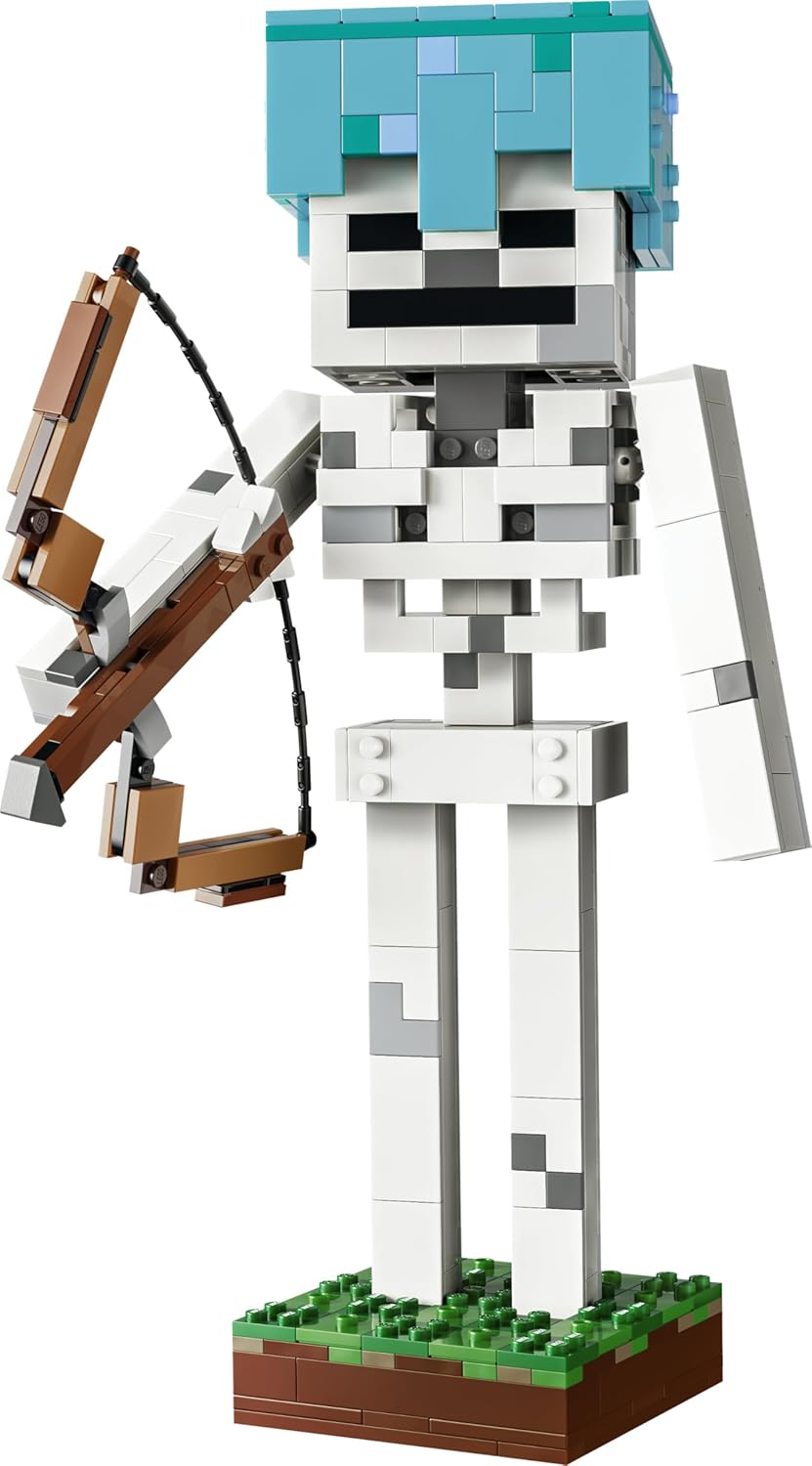 LEGO Minecraft The Skeleton Toy - Figure w/Diamond Helmet, Bow & Arrow and Grass Base for Kids' Room Decor - Gaming Gift for 10+ Year Old Boys, Girls & Fans - 21594