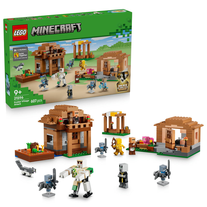 LEGO Minecraft Evoker Village Attack Toy - House Model w/Garden, 11 Figures incl. Mason & Iron Golem - Kids' Room Decor - Gamer Gift for 9+ Year Old Boys, Girls & Fans - 21596