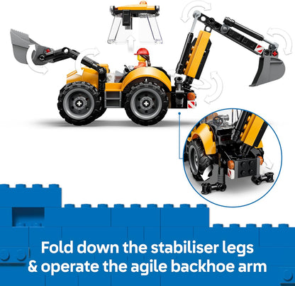 LEGO City Yellow Backhoe Loader - Construction Vehicle Toy - Tractor w/ 2 Minifigures, Working Front Bucket & Backhoe - Birthday Gift Idea for 7+ Year Old Boys - 60480
