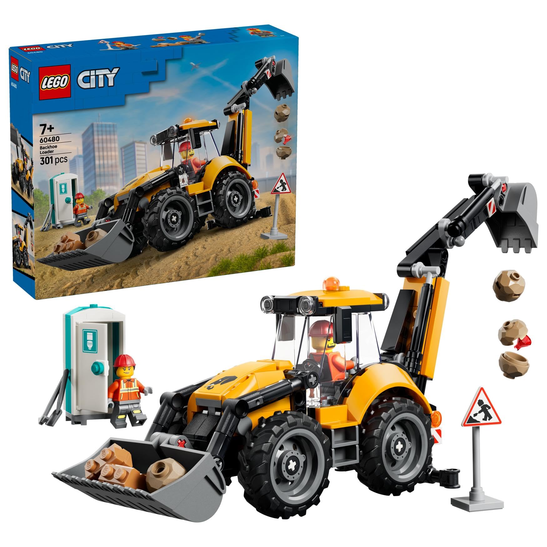 LEGO City Yellow Backhoe Loader - Construction Vehicle Toy - Tractor w/ 2 Minifigures, Working Front Bucket & Backhoe - Birthday Gift Idea for 7+ Year Old Boys - 60480