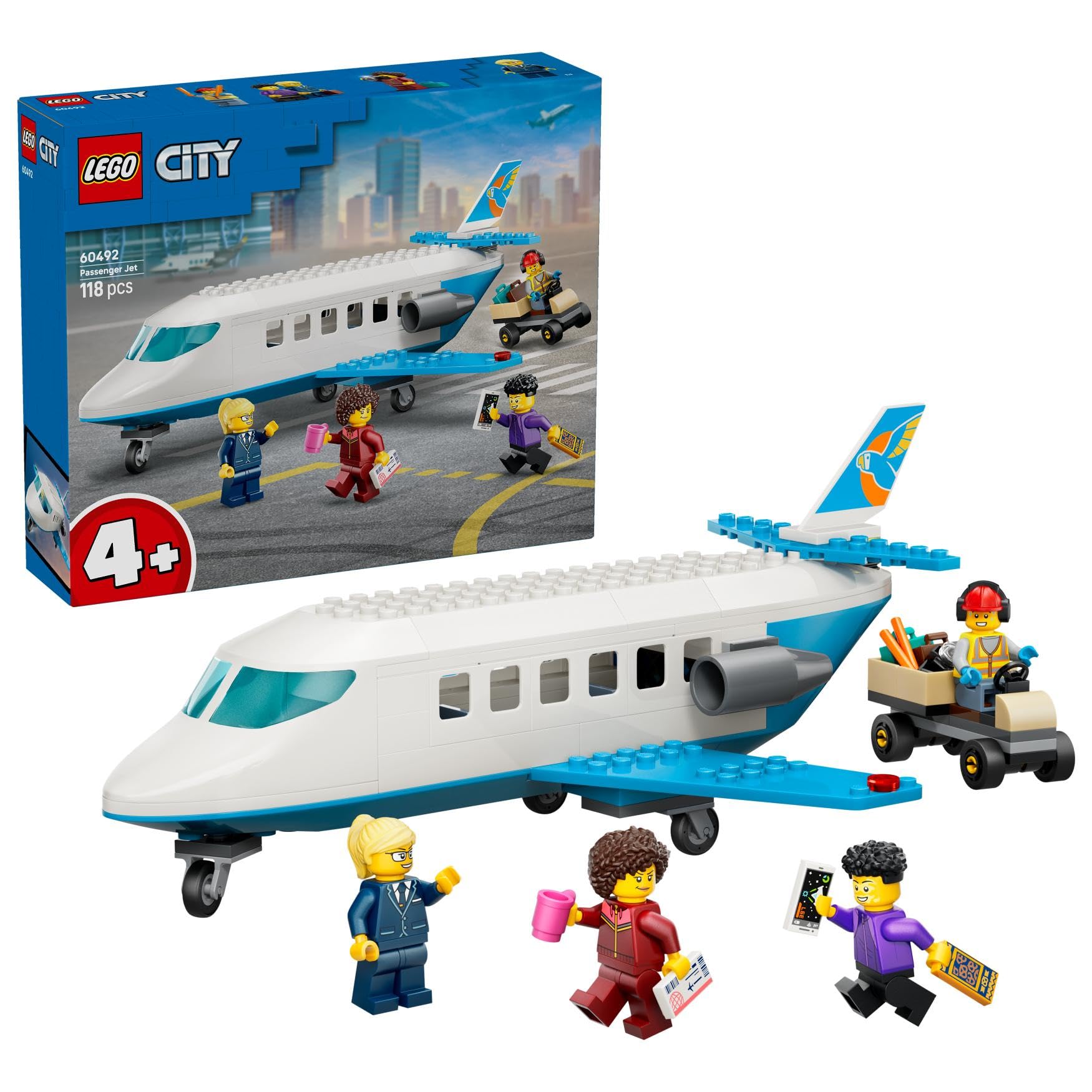 LEGO City Passenger Jet Toy - Plane Model Kit w/ 4 Minifigures & Travel Accessories - Educational Set - Birthday Gift Idea for 4+ Year Old Boys - 60492