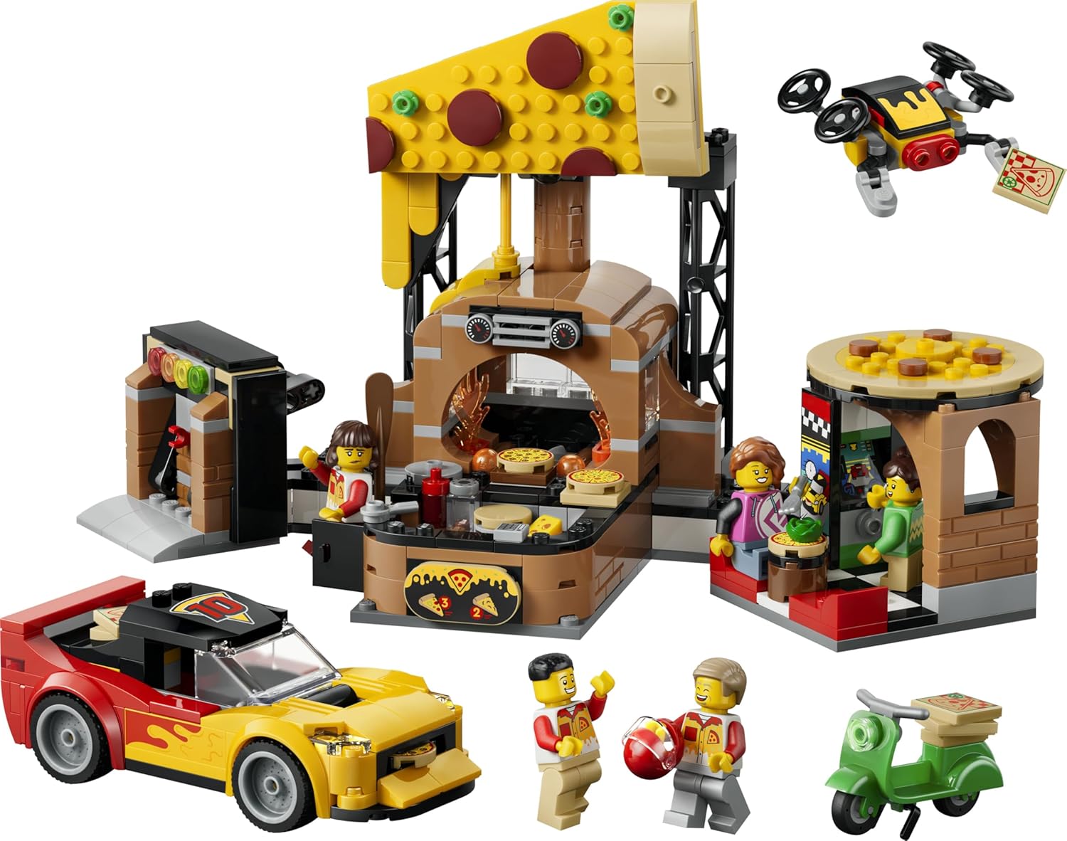 LEGO City Pizza Delivery Experience with Vehicles - incl. Toy Car, Scooter, Drone, Arcade Machine & 5 Minifigures - Birthday Gift Idea for 6+ Year Old Boys - 60496
