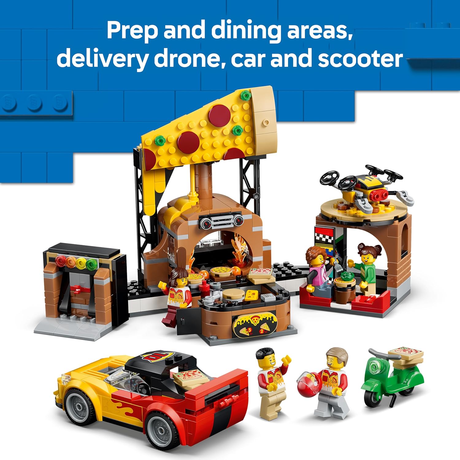 LEGO City Pizza Delivery Experience with Vehicles - incl. Toy Car, Scooter, Drone, Arcade Machine & 5 Minifigures - Birthday Gift Idea for 6+ Year Old Boys - 60496