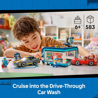 LEGO City Drive-Through Car Wash Toy - incl. 2 Model Cars, Washing Function & 4 Minifigures w/Accessories - Birthday Gift Idea for 6+ Year Old Boys - 60497