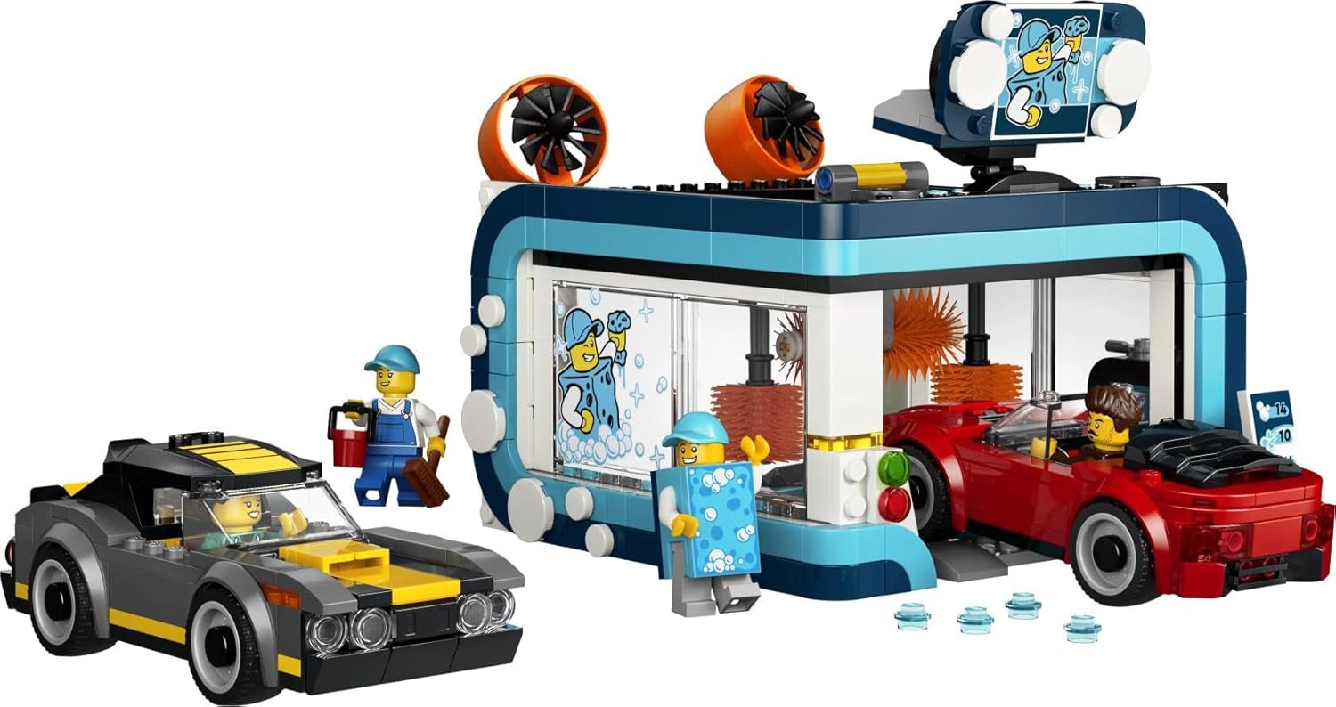 LEGO City Autowasstraat - Bouwpakket voor Kinderen met 2 Speelgoed Auto's, Wasfunctie en 4 Minifiguren Met Accessoires - Verjaardagscadeau voor Jongens en Meisjes Vanaf 6 Jaar - 60497