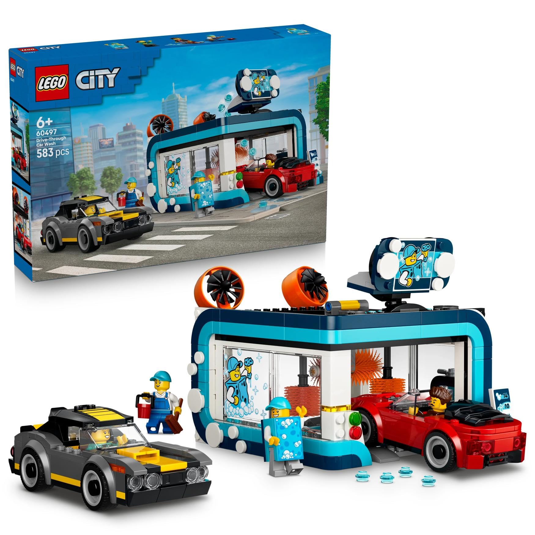 LEGO City Autowasstraat - Bouwpakket voor Kinderen met 2 Speelgoed Auto's, Wasfunctie en 4 Minifiguren Met Accessoires - Verjaardagscadeau voor Jongens en Meisjes Vanaf 6 Jaar - 60497