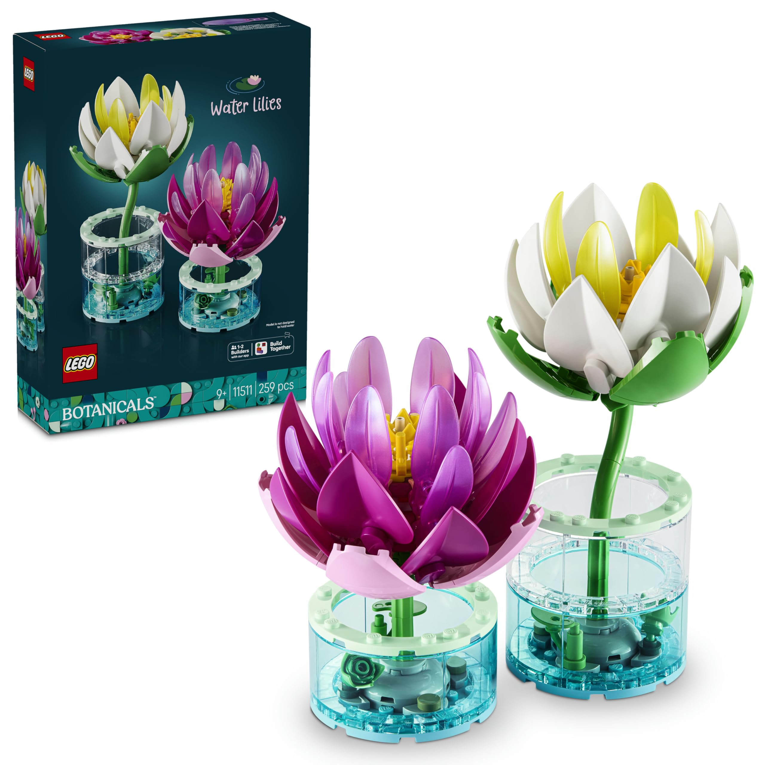 LEGO Botanicals Water Lilies - Faux Flowers Set w/ 2 Artificial Potted Plants in Transparent Vases - DIY Kids' Beroom Decor - Gift for 9+ Year Old Girls & Adult Flower Lovers - 11511
