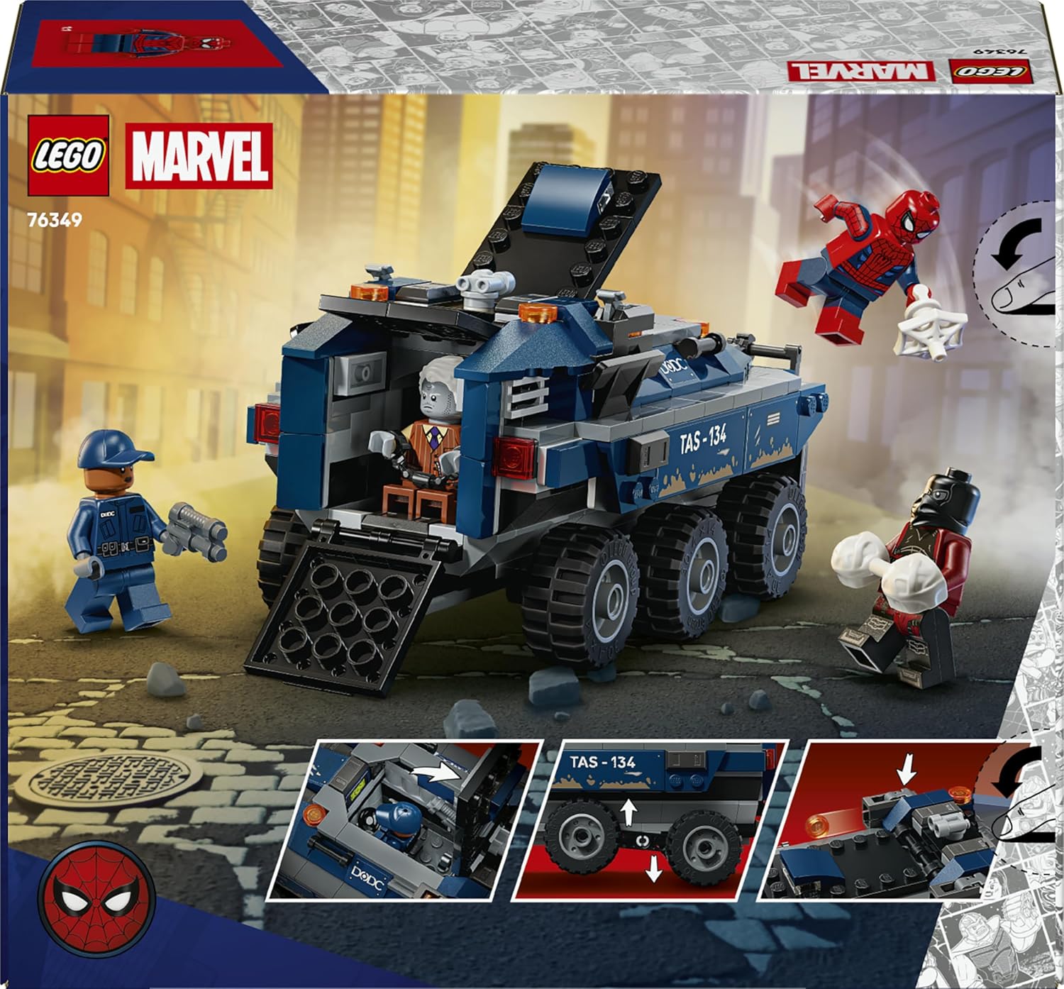 LEGO | Marvel Spider-Man Prison Transport Chase - Superhero Toy w/Armoured Car & 4 Minifigures incl. Tombstone & Tarantula - Gift for 8+ Year Old Boys & Movie Fans - 76349