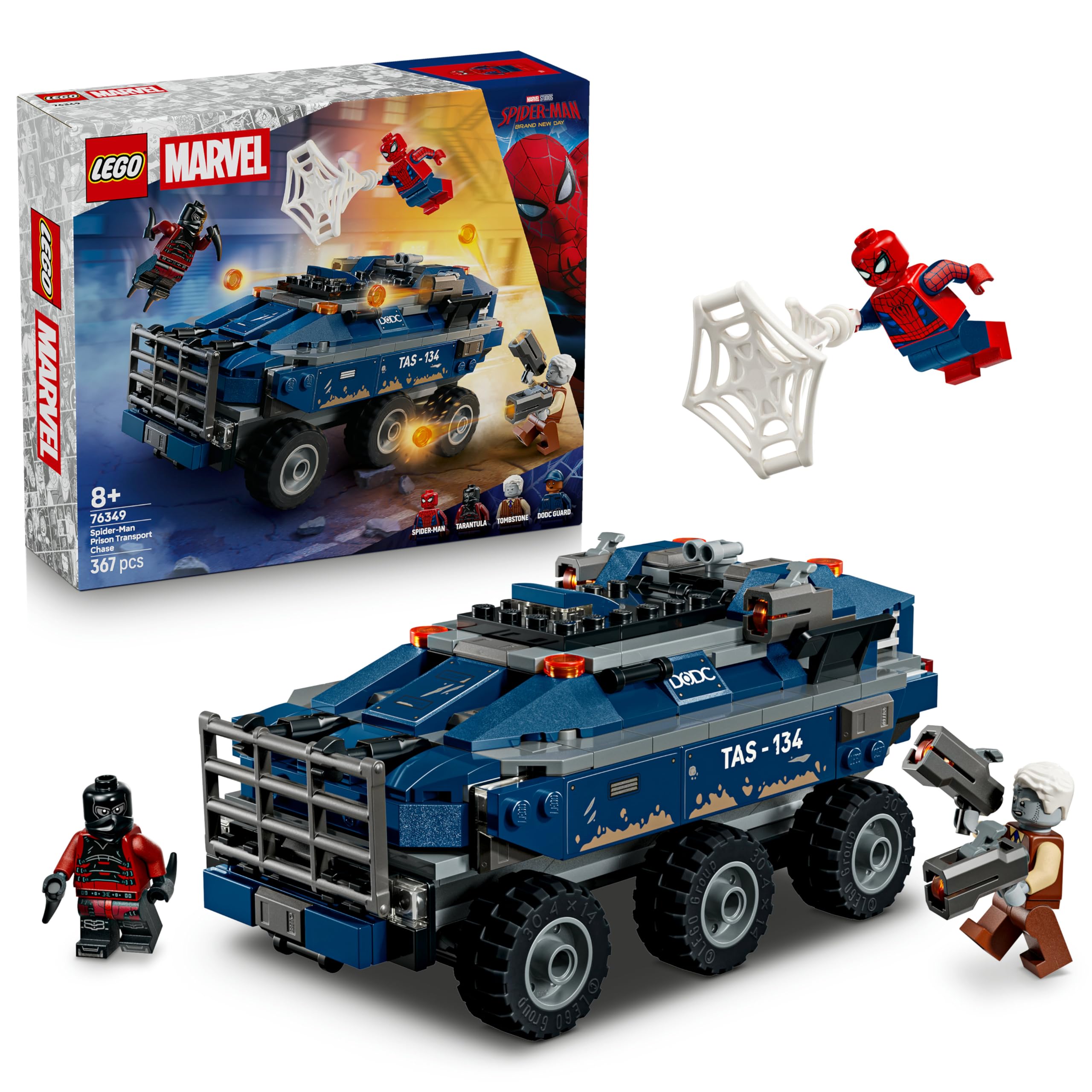 LEGO | Marvel Spider-Man Prison Transport Chase - Superhero Toy w/Armoured Car & 4 Minifigures incl. Tombstone & Tarantula - Gift for 8+ Year Old Boys & Movie Fans - 76349