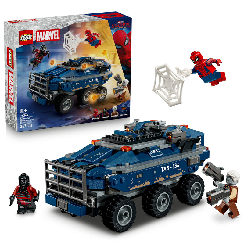 LEGO | Marvel Spider-Man Prison Transport Chase - Superhero Toy w/Armoured Car & 4 Minifigures incl. Tombstone & Tarantula - Gift for 8+ Year Old Boys & Movie Fans - 76349