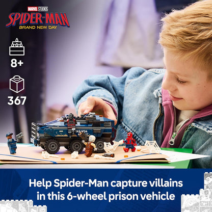 LEGO | Marvel Spider-Man Prison Transport Chase - Superhero Toy w/Armoured Car & 4 Minifigures incl. Tombstone & Tarantula - Gift for 8+ Year Old Boys & Movie Fans - 76349
