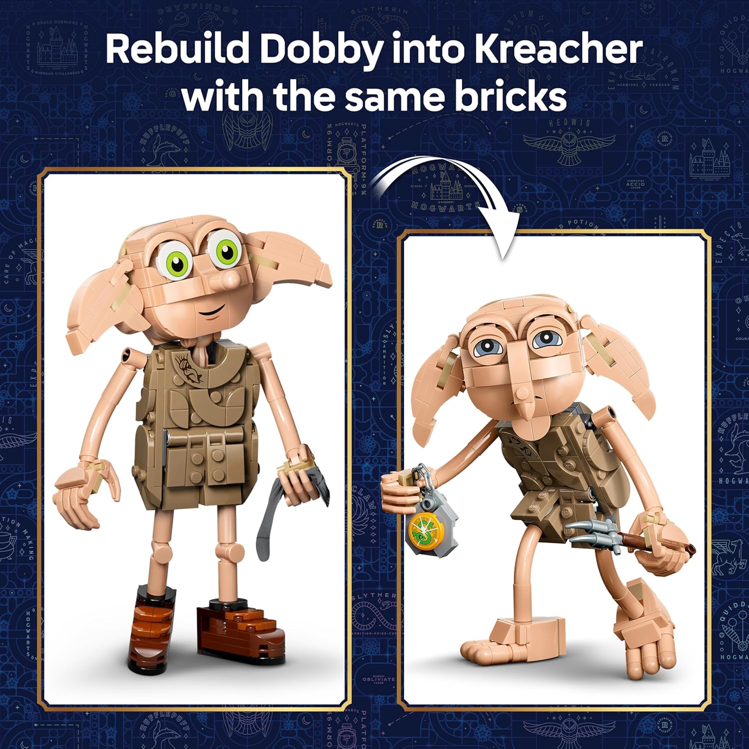 LEGO Harry Potter 2 in 1 Dobby the Free Elf Toy - Model Kit Transforms into a Kreacher Figure - DIY Kids' Bedroom Decor - Gift for 8+ Year Old Girls, Boys & Fans - 76469