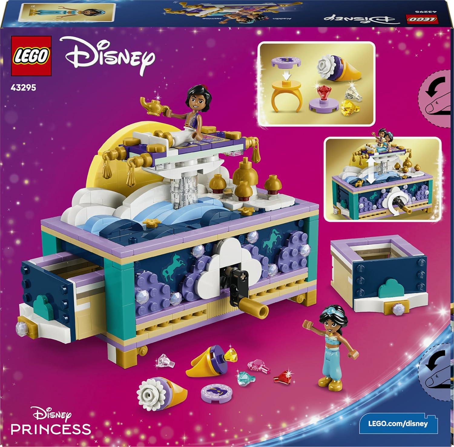 LEGO | Disney Princess Jasmine's Jewellery Box Set - Aladdin Toy w/ 2 Mini Dolls, 2 Rings & Genie's Lamp - Kids' Room Decor - Gift for 6+ Year Old Girls & Fans - 43295