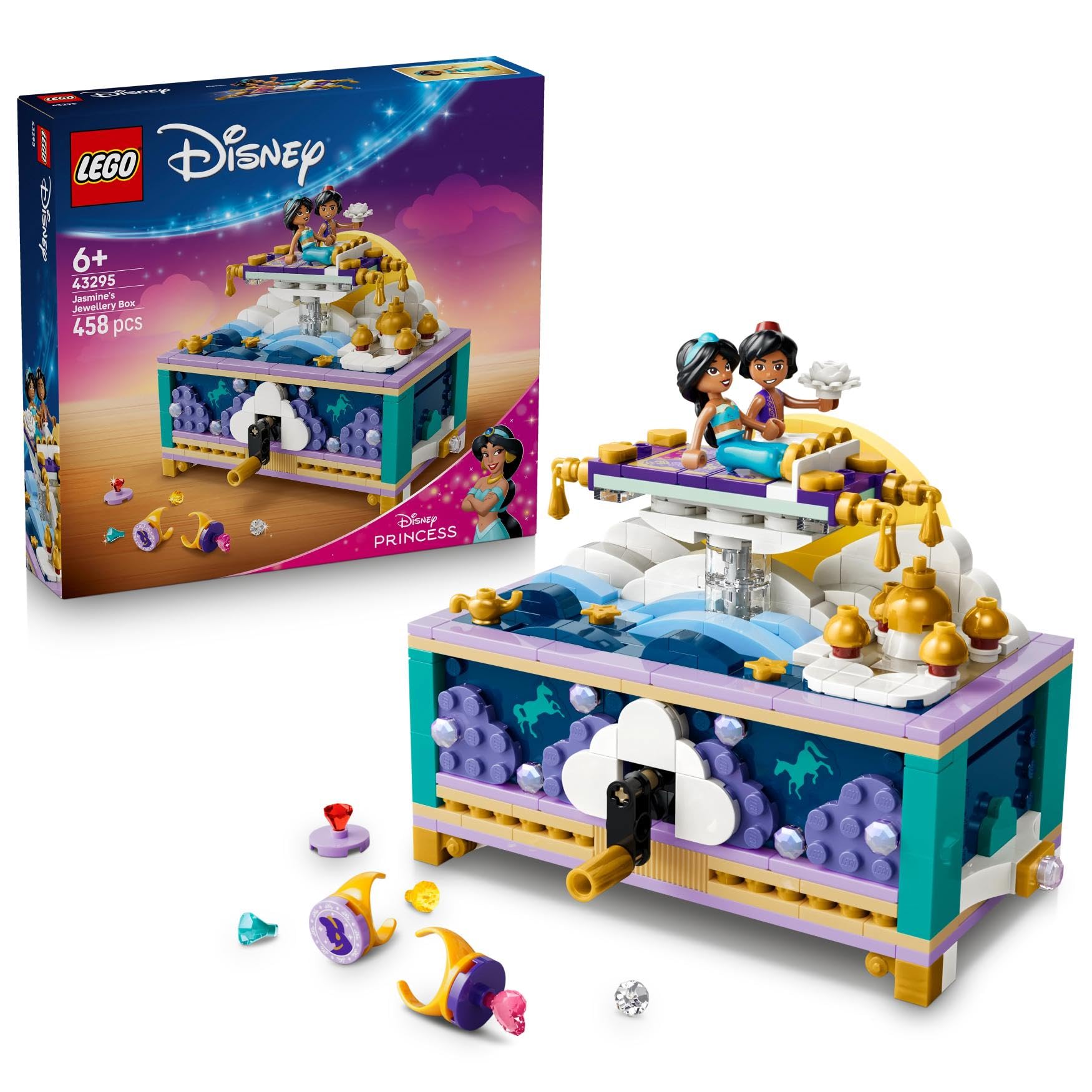 LEGO | Disney Princess Jasmines Sieradendoos - Aladdin Bouwbaar Speelgoed voor Kinderen met 2 Poppetjes, Vliegend Tapijt en Lamp - Decoratie - Cadeau voor Meisjes en Jongens vanaf 6 Jaar 43295