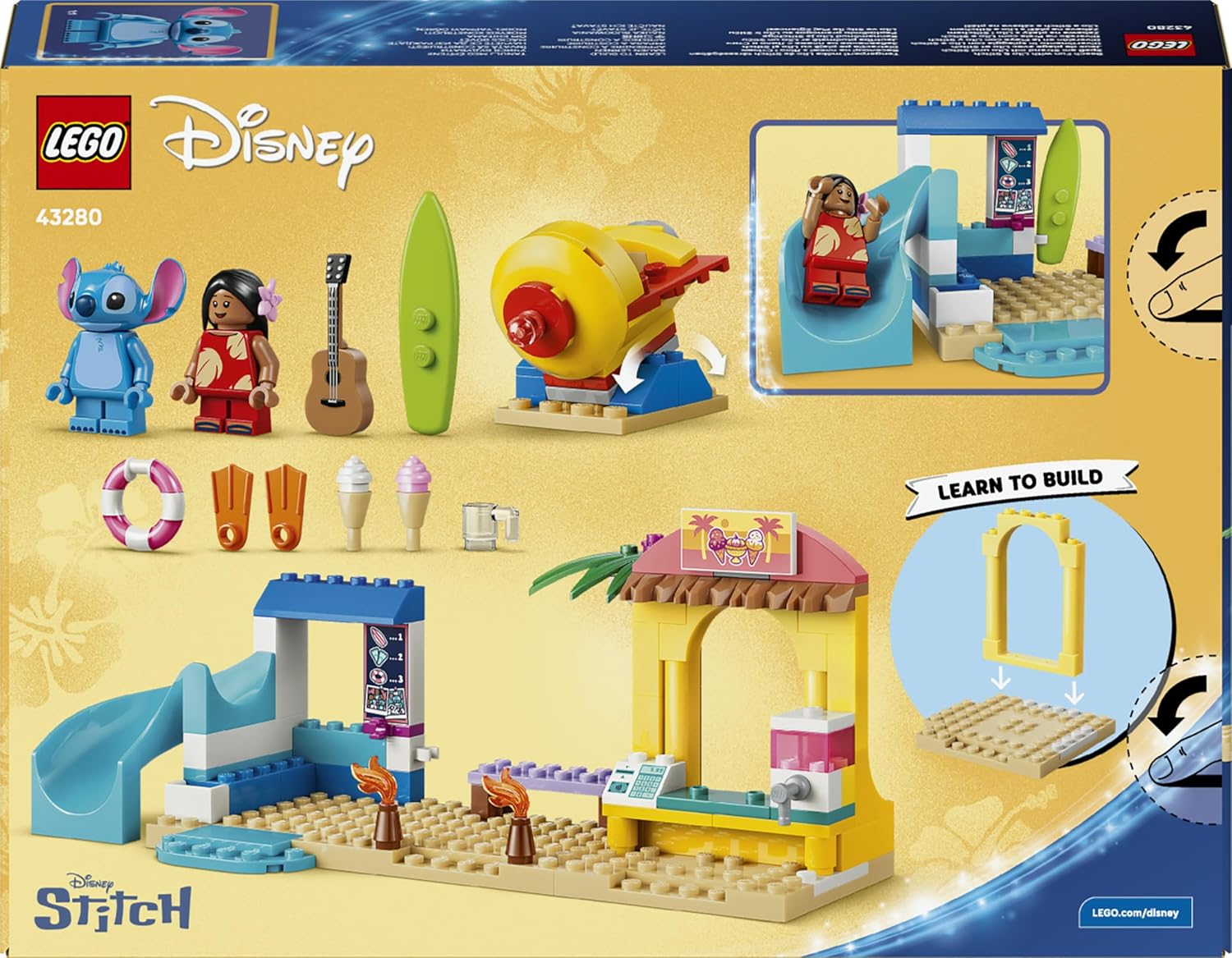 LEGO | Disney Beach Fun with Lilo & Stitch - Educational Toy w/ 2 Shops, Spaceship Ride & 2 Minifigures - Montessori Set - Birthday Gift for 4+ Year Old Girls & Boys - 43280