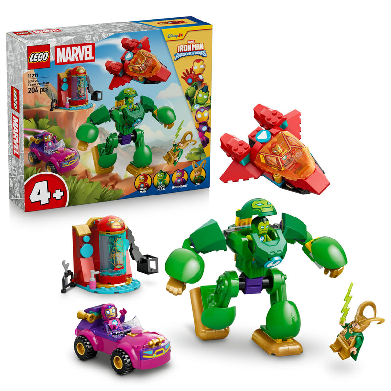 LEGO | Marvel Loki vs. Team Iron Man - Superhero Toy w/Car, Plane, Mech Figure & 4 Minifigures - Gift for 4+ Year Old Boys & Fans of the Iron Man and His Awesome Friends Show - 11211