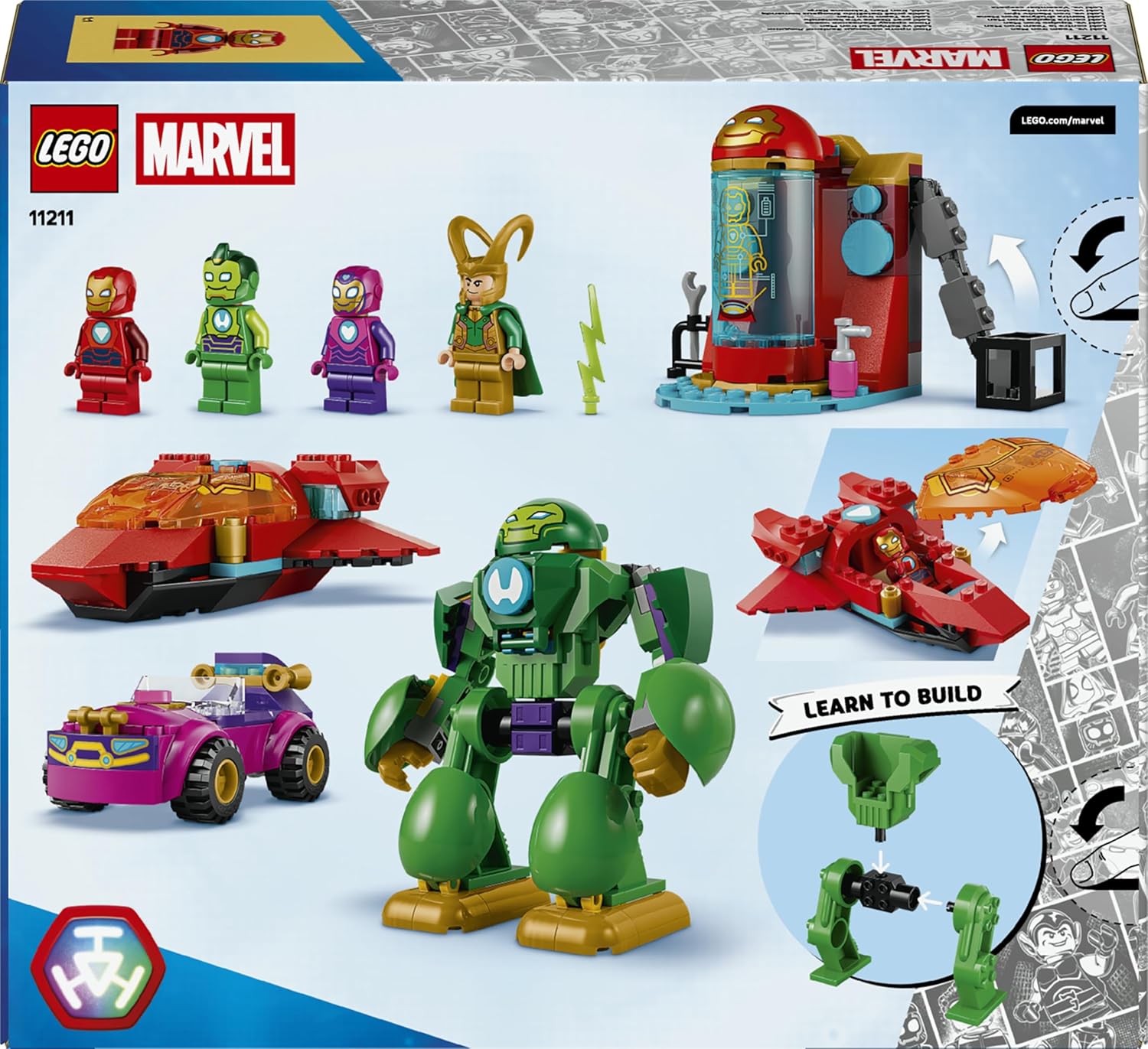 LEGO | Marvel Loki vs. Team Iron Man - Superhero Toy w/Car, Plane, Mech Figure & 4 Minifigures - Gift for 4+ Year Old Boys & Fans of the Iron Man and His Awesome Friends Show - 11211