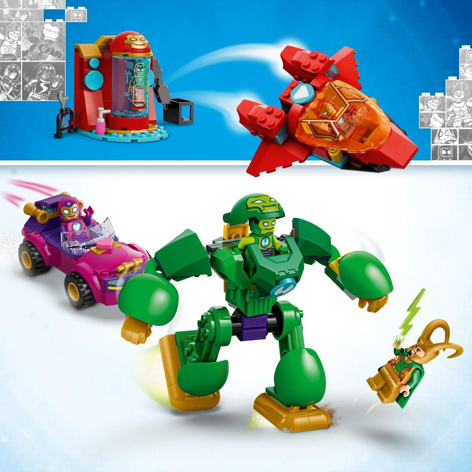 LEGO | Marvel Loki vs. Team Iron Man - Superhero Toy w/Car, Plane, Mech Figure & 4 Minifigures - Gift for 4+ Year Old Boys & Fans of the Iron Man and His Awesome Friends Show - 11211