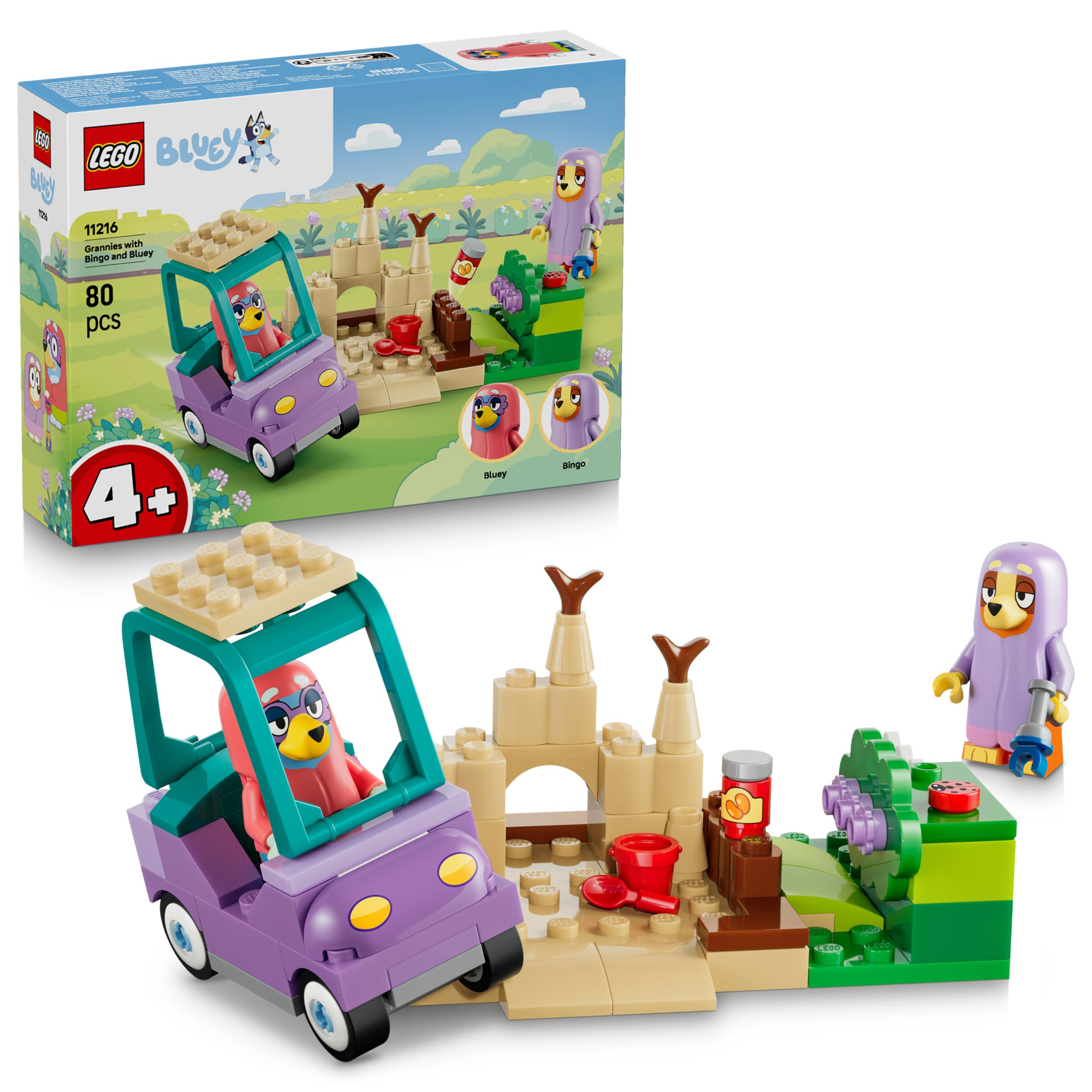 LEGO Bluey Omas mit Bingo und Bluey - Lernspielzeug mit Auto, 2 Minifiguren & Garten - Montessori Set - Geburtstagsgeschenk für Mädchen & Jungen ab 4 Jahren - 11216