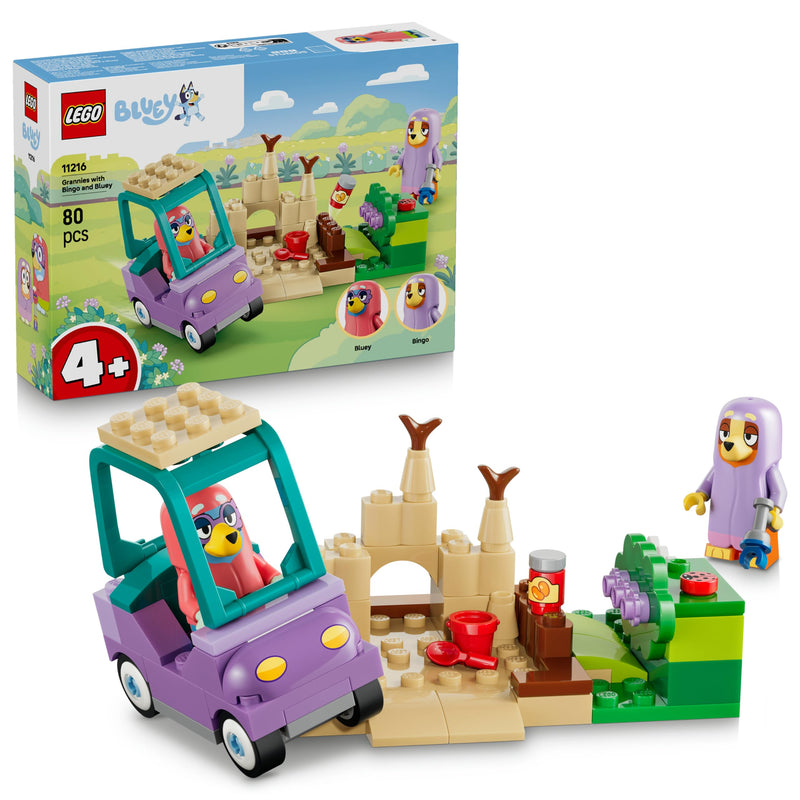 LEGO Bluey Omas mit Bingo und Bluey - Lernspielzeug mit Auto, 2 Minifiguren & Garten - Montessori Set - Geburtstagsgeschenk für Mädchen & Jungen ab 4 Jahren - 11216