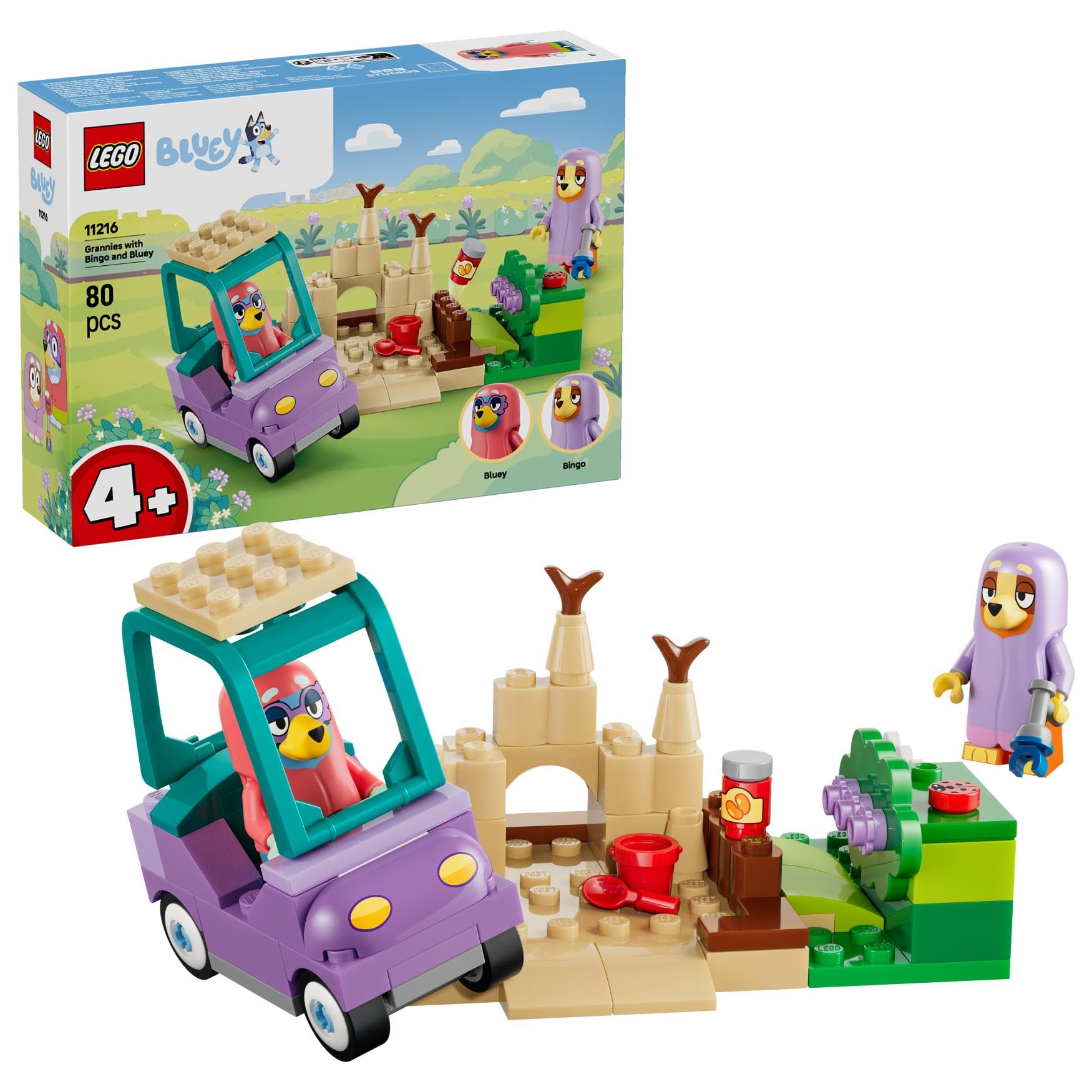 LEGO Bluey Grannies with Bingo and Bluey - Educational Toy w/Car, 2 Minifigures & a Garden - Montessori Set - Birthday Gift for 4+ Year Old Girls & Boys - 11216