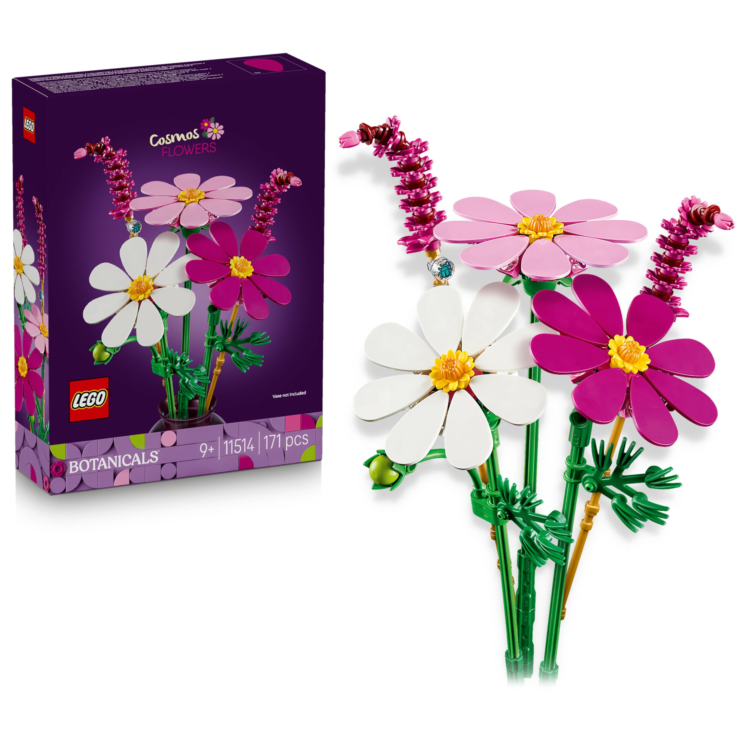 LEGO Botanicals Cosmeabloemen - Kunstbloem Boeket Bouwpakket voor Kinderen met 3 Bloemen en 2 Lampenpoetsersgras Stelen - Kinderkamer Decoratie - Cadeau voor Meisjes vanaf 9 Jaar en Volwassenen 11514