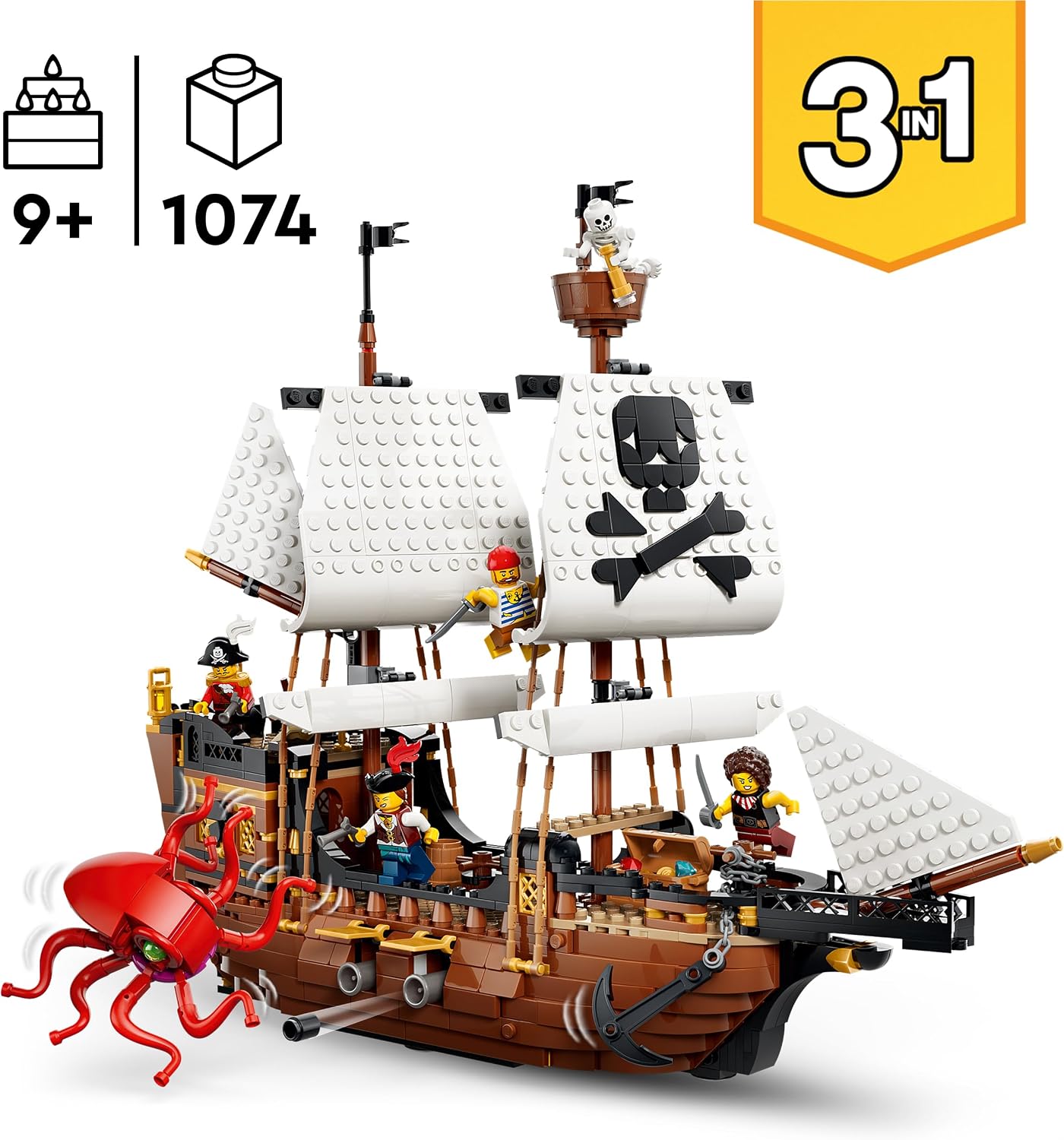 LEGO Creator 3-in-1 Klassiek Piratenschip Speelgoed - Bouwpakket voor Kinderen - Verandert in Speelgoed Kasteel of 2 Boten - Kinderkamer Decoratie - Cadeau voor Jongens en Meisjes vanaf 9 Jaar 31387