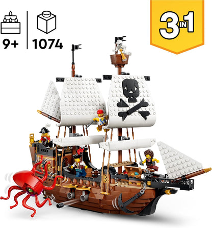 LEGO Creator 3-in-1 Klassiek Piratenschip Speelgoed - Bouwpakket voor Kinderen - Verandert in Speelgoed Kasteel of 2 Boten - Kinderkamer Decoratie - Cadeau voor Jongens en Meisjes vanaf 9 Jaar 31387