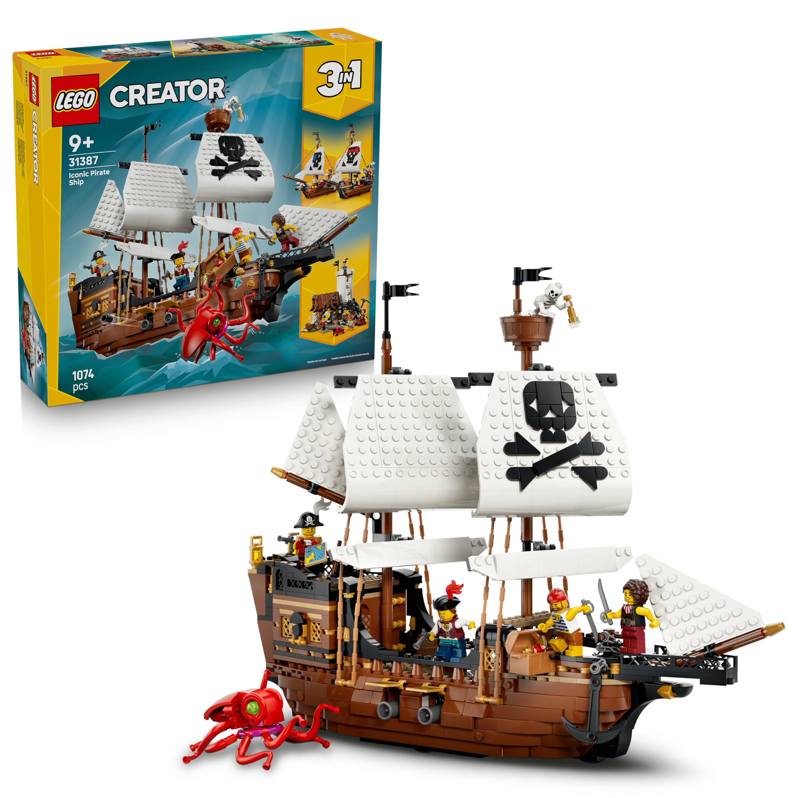 LEGO Creator 3-in-1 Klassiek Piratenschip Speelgoed - Bouwpakket voor Kinderen - Verandert in Speelgoed Kasteel of 2 Boten - Kinderkamer Decoratie - Cadeau voor Jongens en Meisjes vanaf 9 Jaar 31387