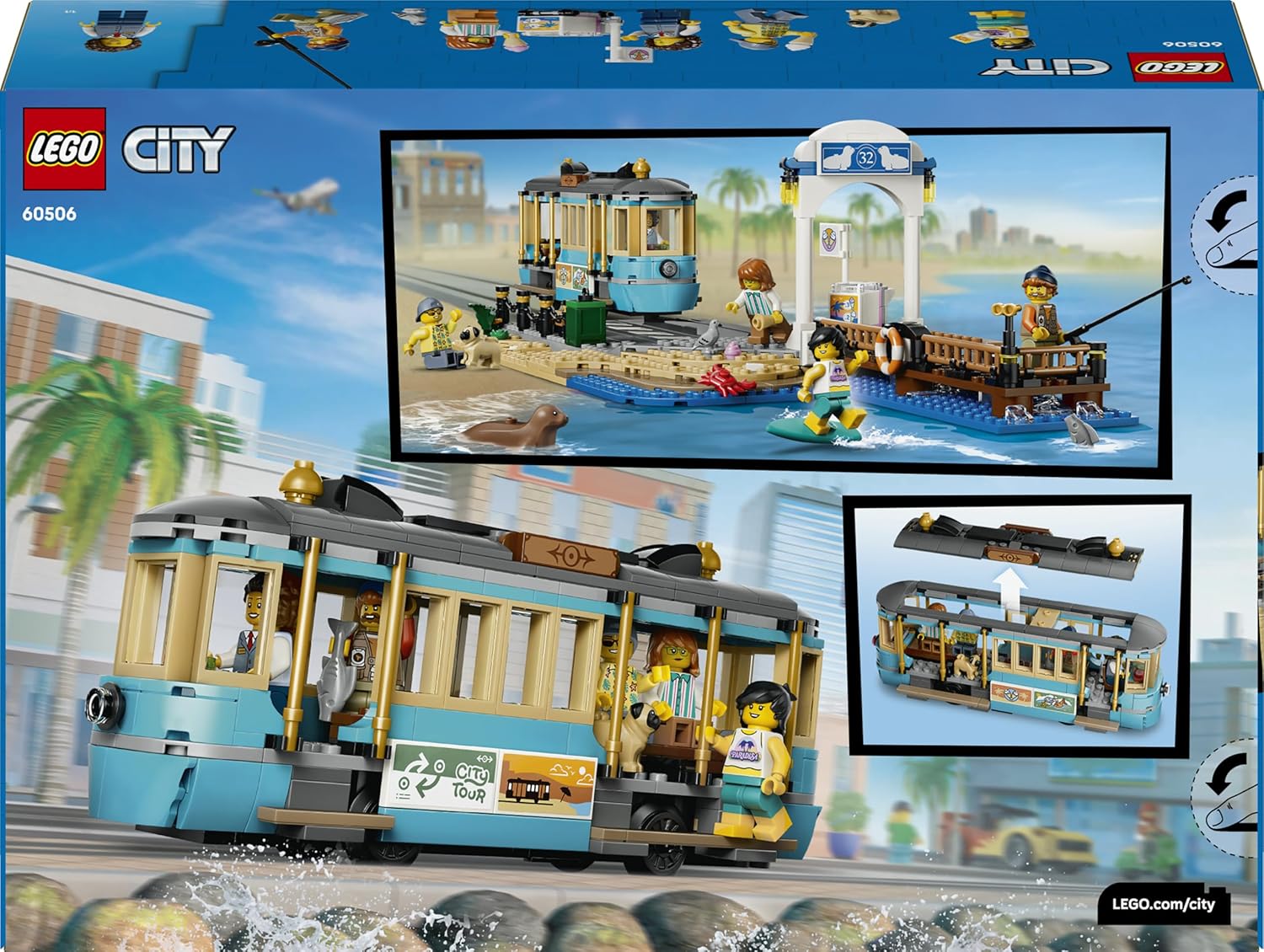 LEGO City Classic Beach Tram Toy - Model Kit w/Train Track, Street Scene, 5 Minifigures & 5 Animal Figures - Birthday Gift Idea for 7+ Year Old Boys - 60506