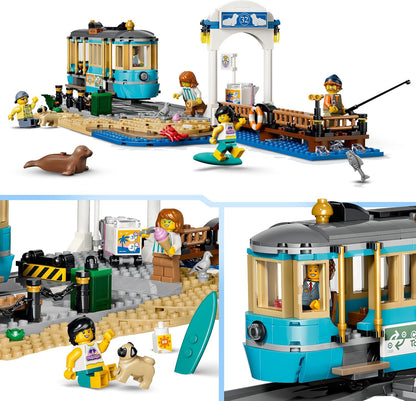 LEGO City Classic Beach Tram Toy - Model Kit w/Train Track, Street Scene, 5 Minifigures & 5 Animal Figures - Birthday Gift Idea for 7+ Year Old Boys - 60506