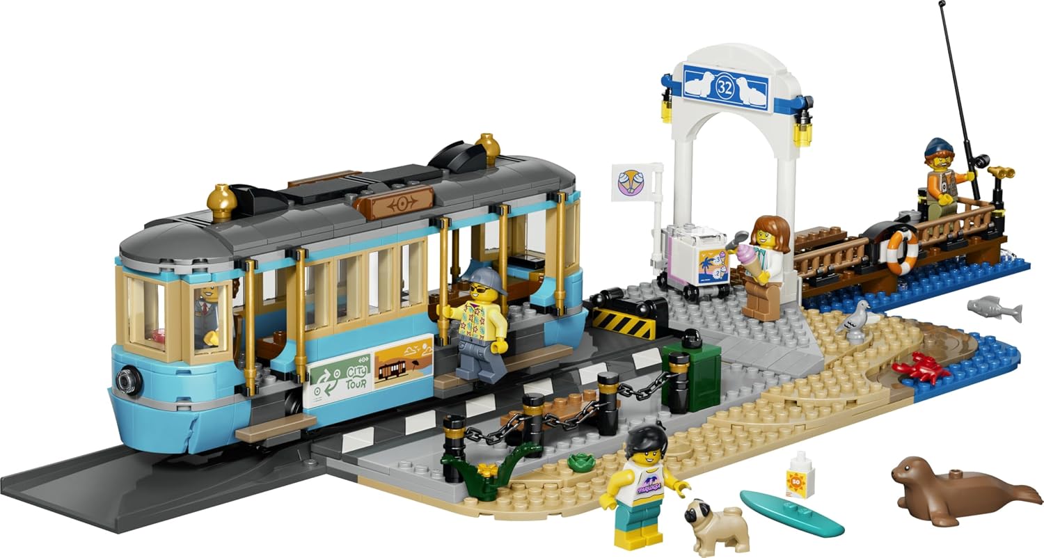 LEGO City Classic Beach Tram Toy - Model Kit w/Train Track, Street Scene, 5 Minifigures & 5 Animal Figures - Birthday Gift Idea for 7+ Year Old Boys - 60506