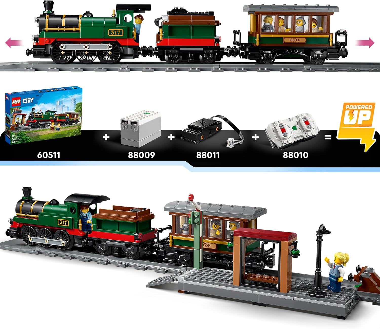 LEGO City Vintage Steam Train Toy - STEM Model Kit - Set w/Station, Track, Cab Controls, Stop Signal & 5 Minifigures - Birthday Gift for 7+ Year Old Boys - 60511