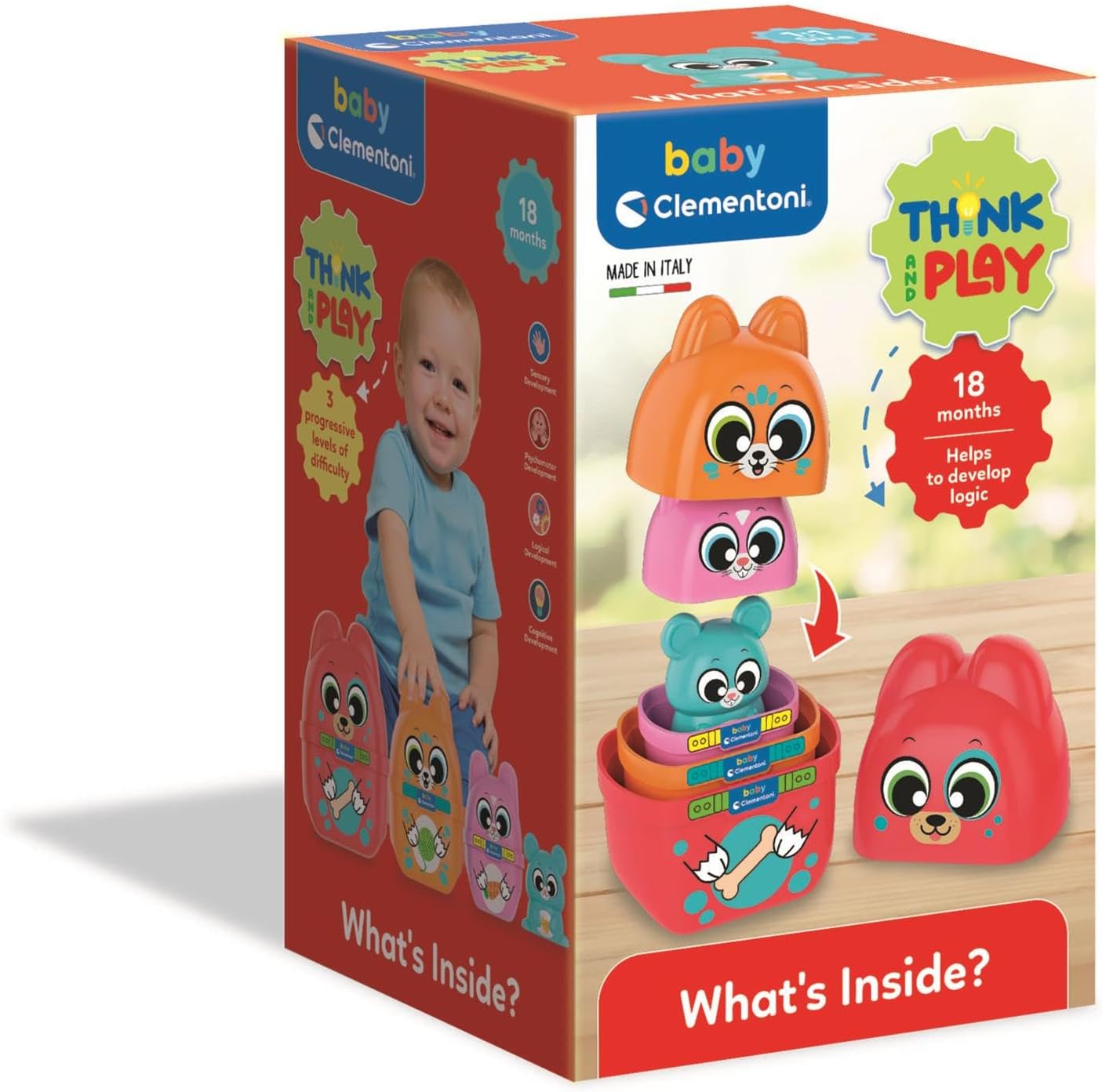 Clementoni Baby Think and Play Matrioska Stackable Game for Children from 18 Months, 4 Interlocking Animal Characters, Logic and Manual Development, Made in Italy 17606