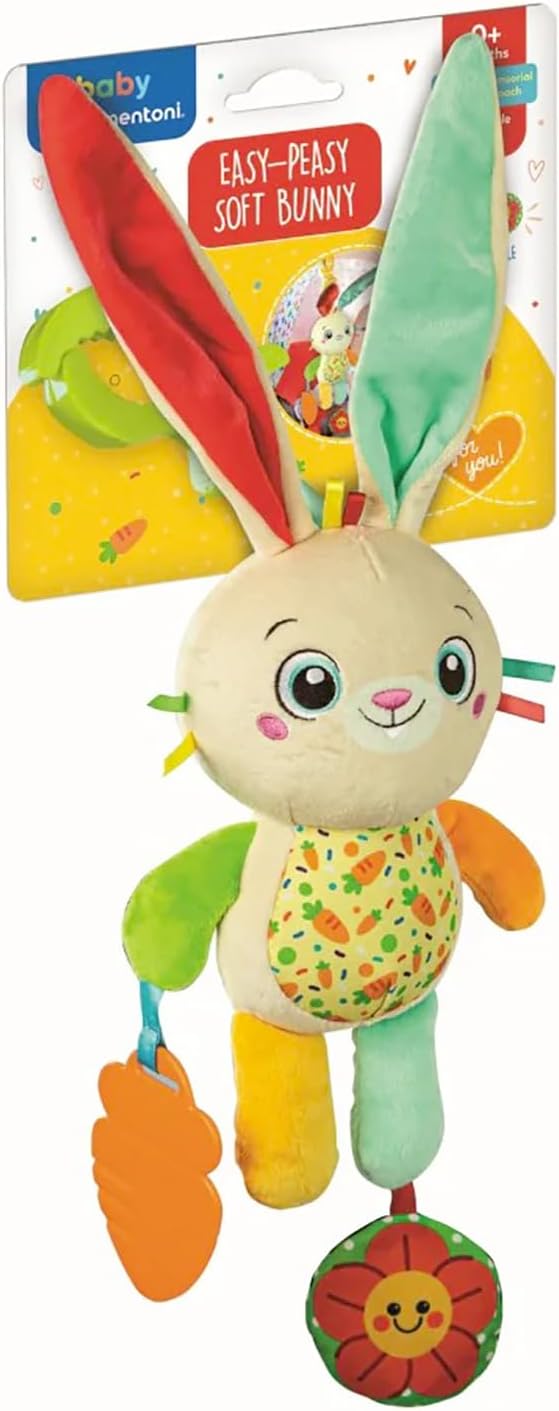 Clementoni Baby Easy-Peasy Soft Bunny Travel Plush Toy for Kids 0+ Months, Rustling Rattle with Crunchy Pendant, Pushchair and Car Clip, Machine Washable, 17622