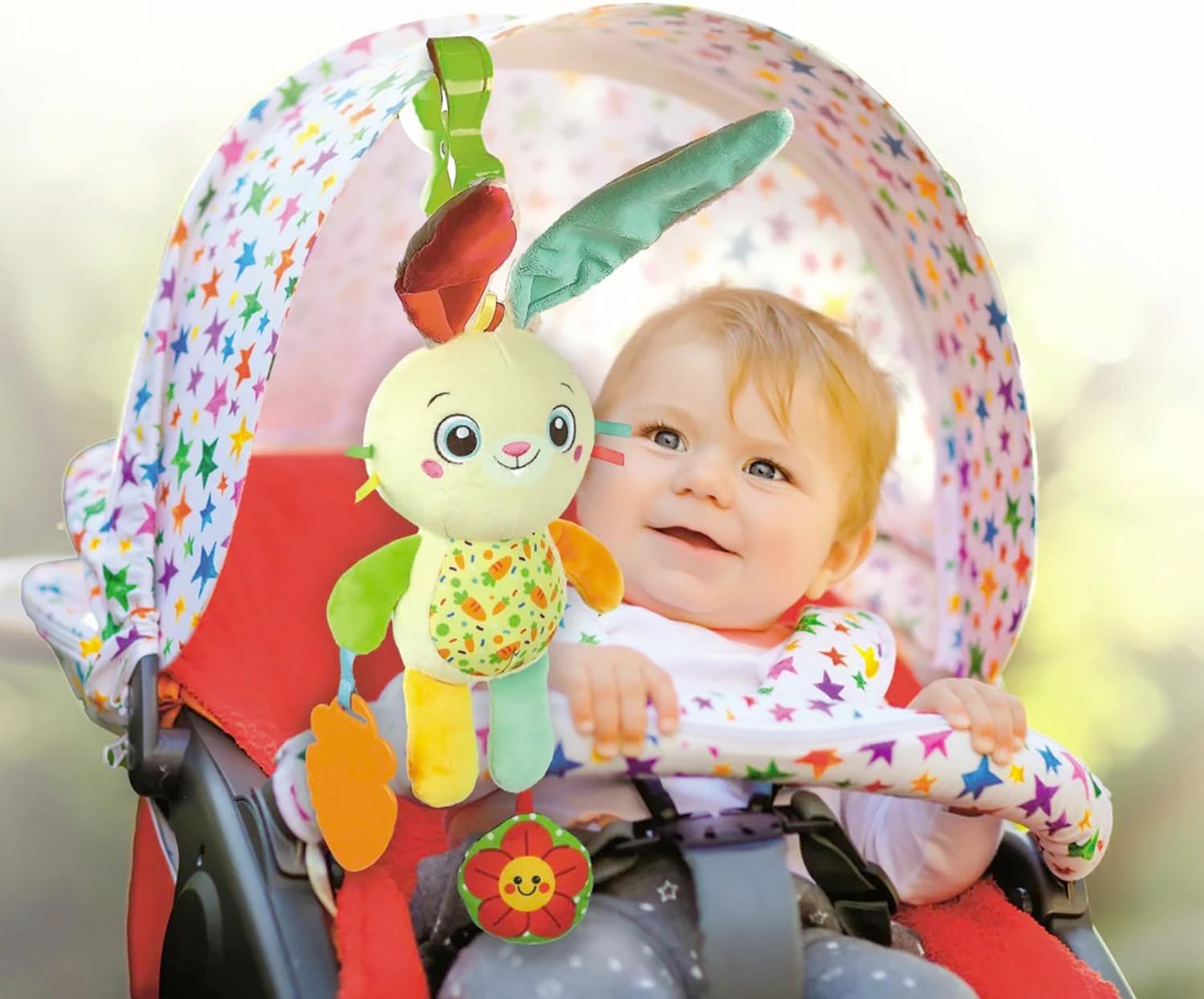 Clementoni Baby Easy-Peasy Soft Bunny Travel Plush Toy for Kids 0+ Months, Rustling Rattle with Crunchy Pendant, Pushchair and Car Clip, Machine Washable, 17622
